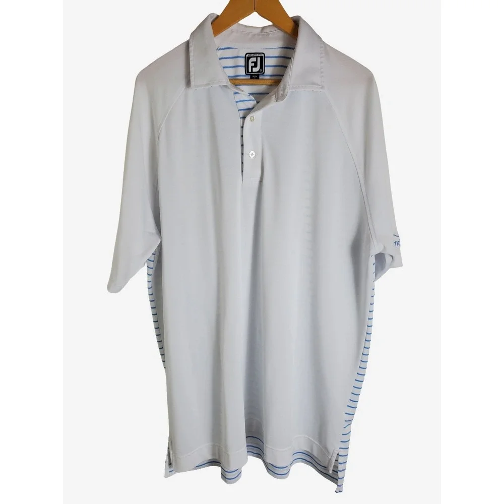 FootJoy Golf Polo Shirt Men's 2XL White Blue Striped Athletic Fit Performance